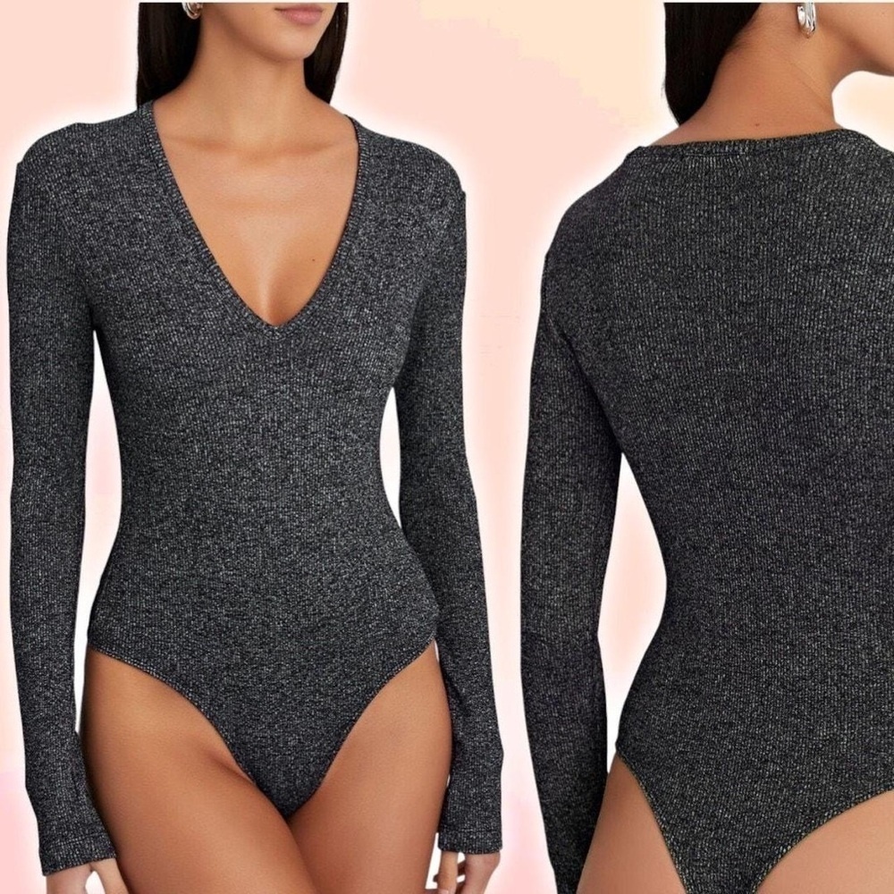 AGOLDE Tavi Melange Rib Knit‎ Thong Bodysuit Size XL Salt & Pepper NWT